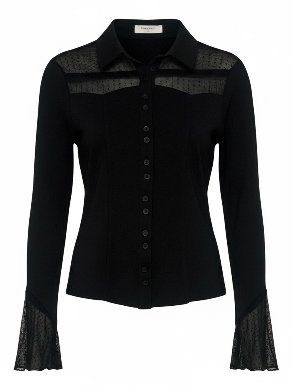 Commense Black Button-Front Sheer Yoke Blouse